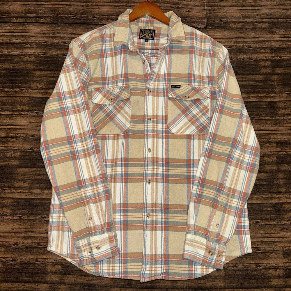 Dark Seas Division Flannel Shirt Men Size L Cream Orange Plaid